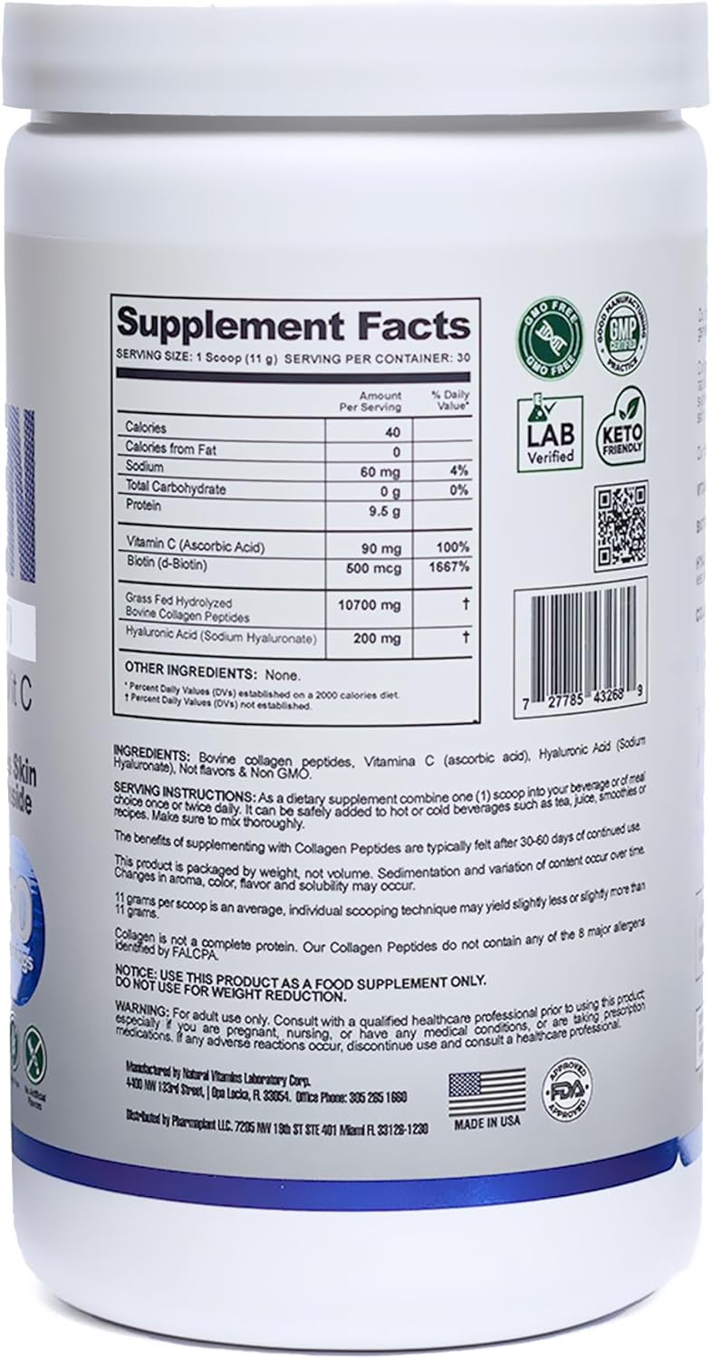 Premium Collagen Hydrolyzed Multi Powder with Hyaluronic Acid, Biotin, and Vitamin C - Skin, Hair, Nails, Joint Health - Grass-Fed, GMO-Free - Keto Friendly - 330g