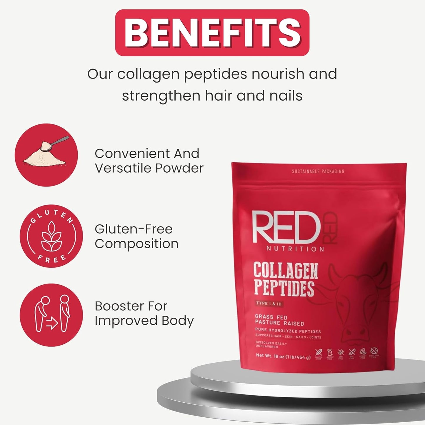 Premium Collagen Peptides Powder for Women - Hydrolyzed for Better Absorption - Supports Hair Growth, Skin Elasticity, Nail Strength, and Joint Health - Beauty and Wellness Supplement by REDRED Nutrition