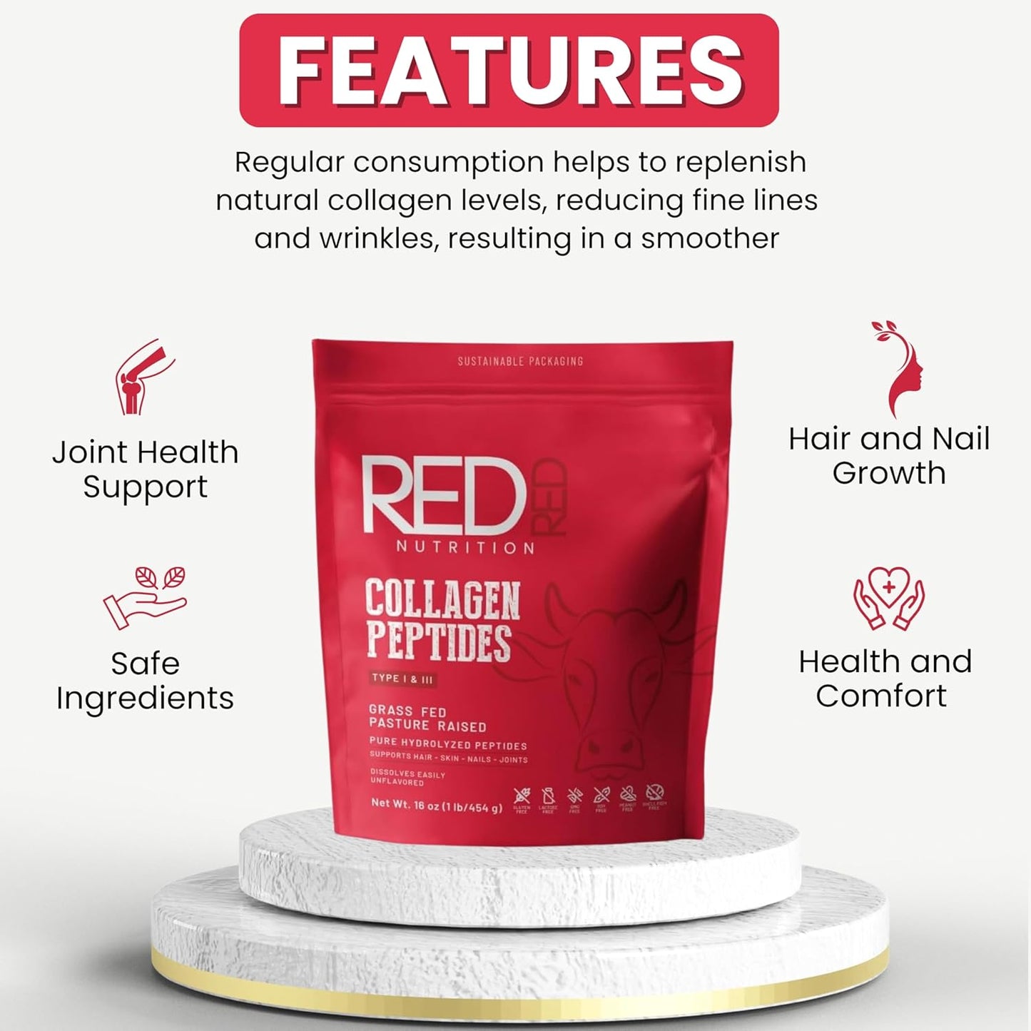 Premium Collagen Peptides Powder for Women - Hydrolyzed for Better Absorption - Supports Hair Growth, Skin Elasticity, Nail Strength, and Joint Health - Beauty and Wellness Supplement by REDRED Nutrition