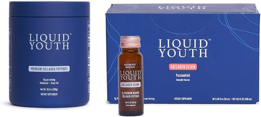 Premium Collagen Peptides Powder & Passion Fruit Liquid Shots - Grass-fed Bovine & Marine Type I & III Collagen for Hair, Skin, Nails, Bones, Joints - Men & Women - 40 Servings