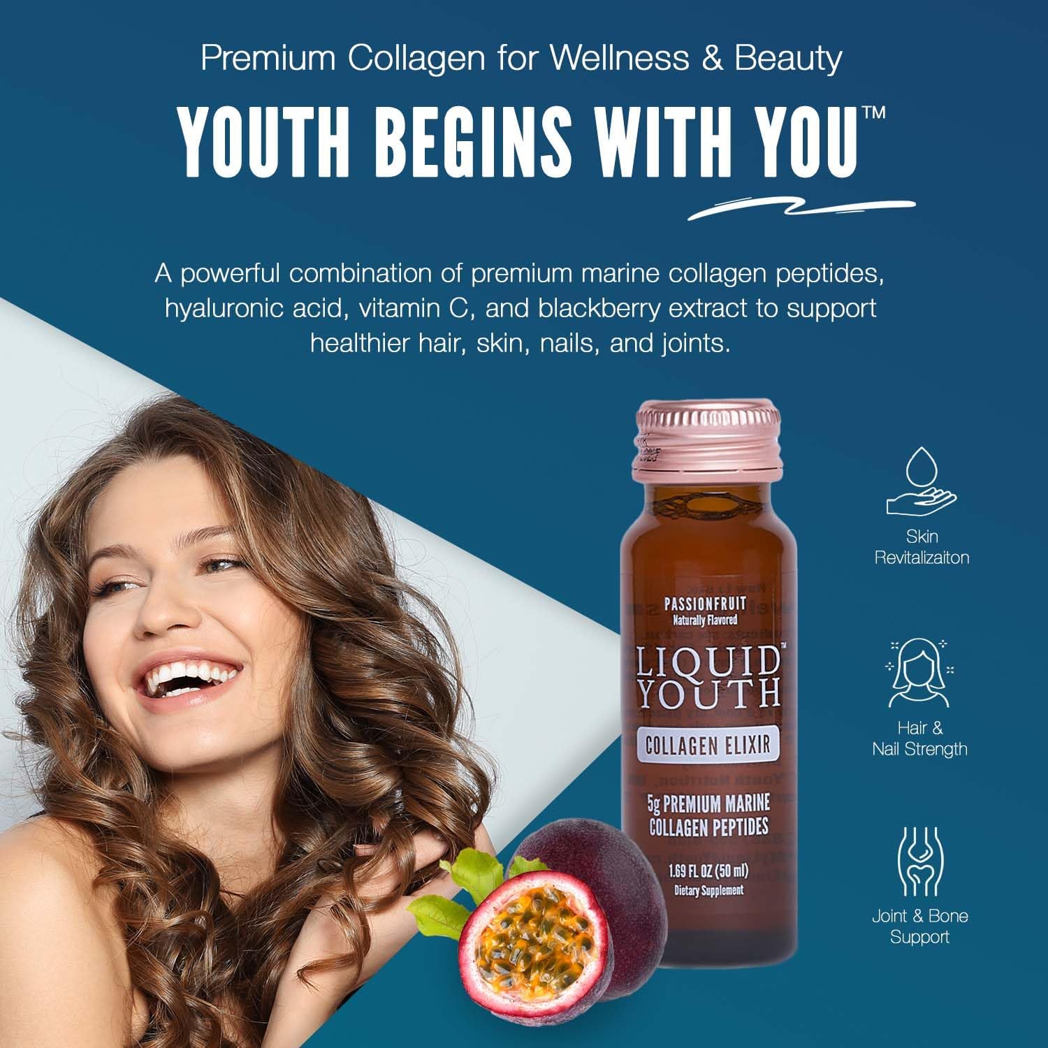 Premium Collagen Peptides Powder & Passion Fruit Liquid Shots - Grass-fed Bovine & Marine Type I & III Collagen for Hair, Skin, Nails, Bones, Joints - Men & Women - 40 Servings