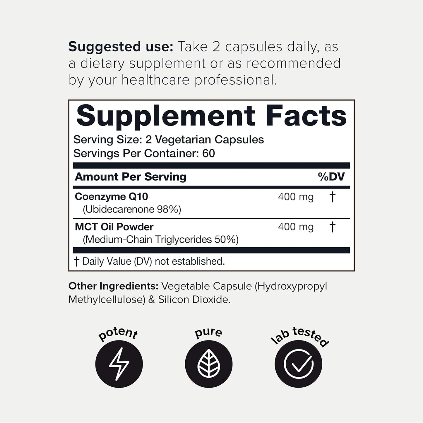 Premium CoQ10 400mg Capsules with MCT Oil for Enhanced Absorption - Ultra High Purity Formula Tested by Third-Party - 120 Veggie Caps
