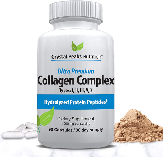 Premium Crystal Peaks Nutrition Collagen Peptide Pill for Youthful Skin - Types I, II, III, V, X - Anti-Aging Supplement for Women & Men - 1800 mg Hydrolyzed Protein Tablets