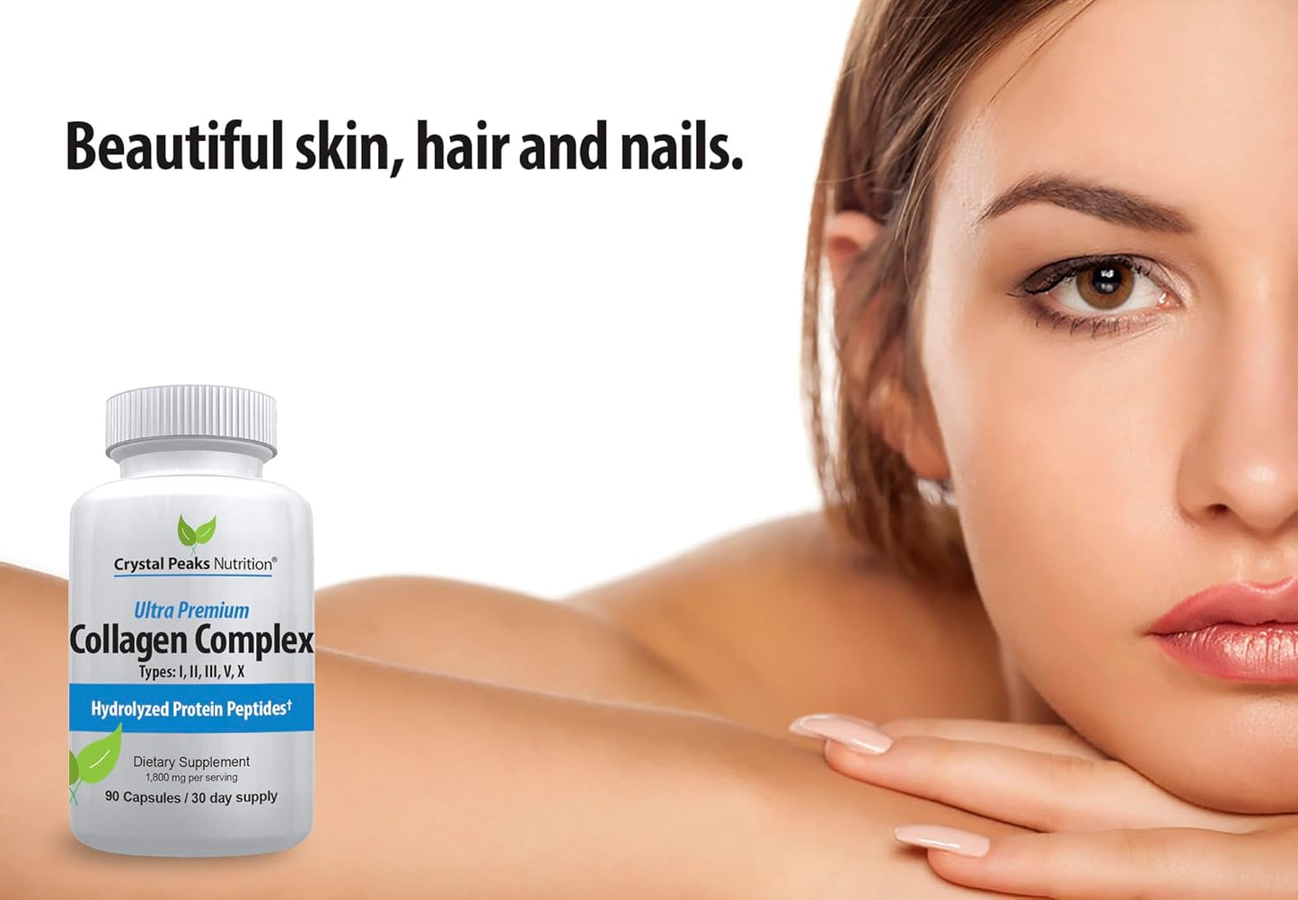 Premium Crystal Peaks Nutrition Collagen Peptide Pill for Youthful Skin - Types I, II, III, V, X - Anti-Aging Supplement for Women & Men - 1800 mg Hydrolyzed Protein Tablets