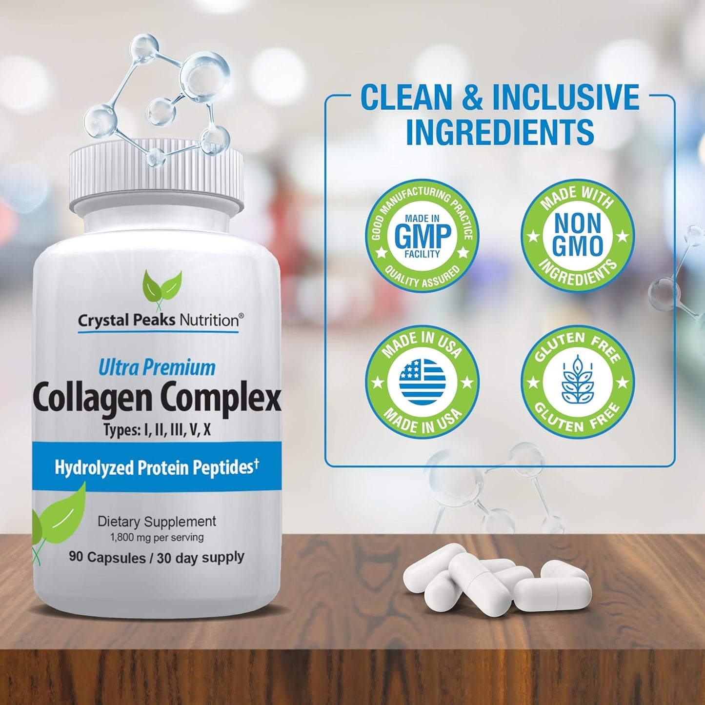 Premium Crystal Peaks Nutrition Collagen Peptide Pill for Youthful Skin - Types I, II, III, V, X - Anti-Aging Supplement for Women & Men - 1800 mg Hydrolyzed Protein Tablets