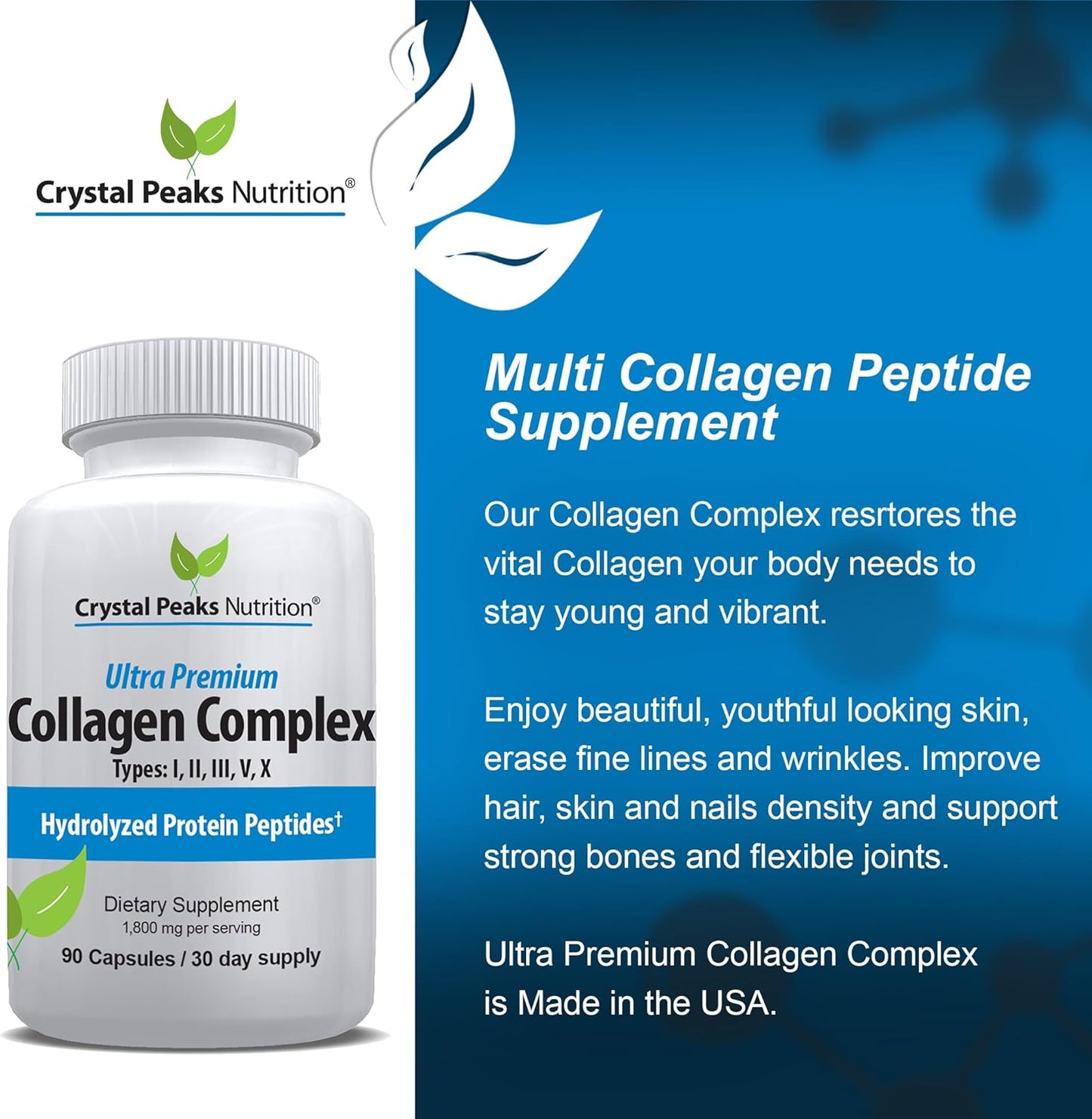 Premium Crystal Peaks Nutrition Collagen Peptide Pill for Youthful Skin - Types I, II, III, V, X - Anti-Aging Supplement for Women & Men - 1800 mg Hydrolyzed Protein Tablets