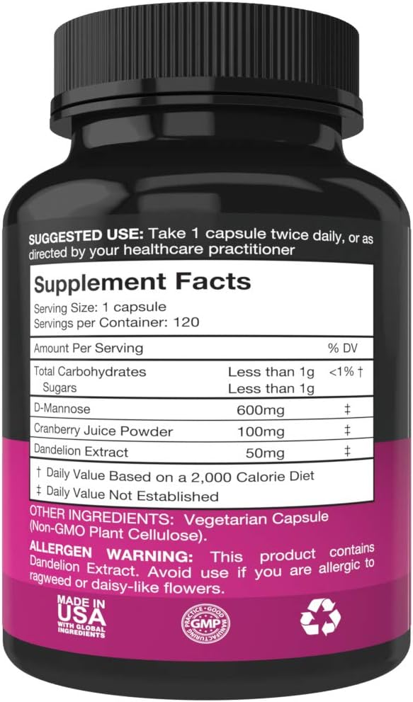 Premium D-Mannose Capsules with Cranberry & Dandelion Extract - 600mg Per Cap - Urinary Tract & UTI Support - 120 Veg Capsules
