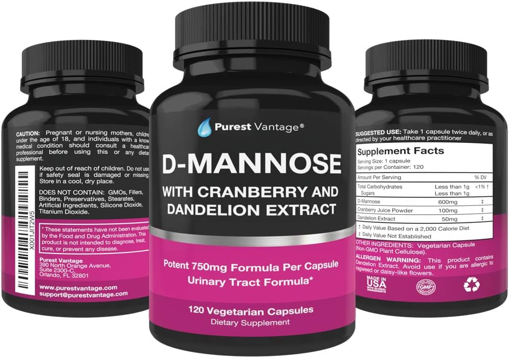 Premium D-Mannose Capsules with Cranberry & Dandelion Extract - 600mg Per Cap - Urinary Tract & UTI Support - 120 Veg Capsules