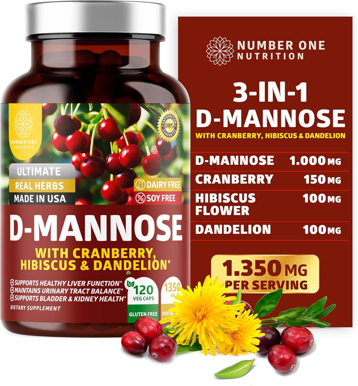 Premium D Mannose with Cranberry and Hibiscus Capsules - Max Strength 1350mg - Supports Urinary Tract Health - 120 Veg Caps