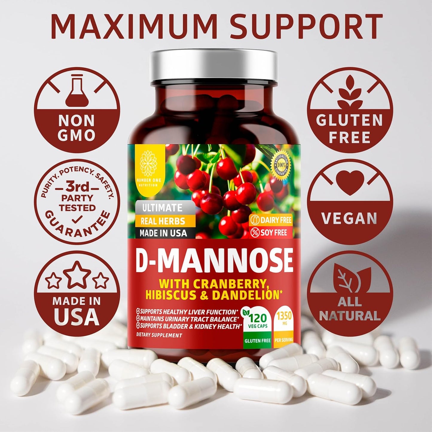 Premium D Mannose with Cranberry and Hibiscus Capsules - Max Strength 1350mg - Supports Urinary Tract Health - 120 Veg Caps