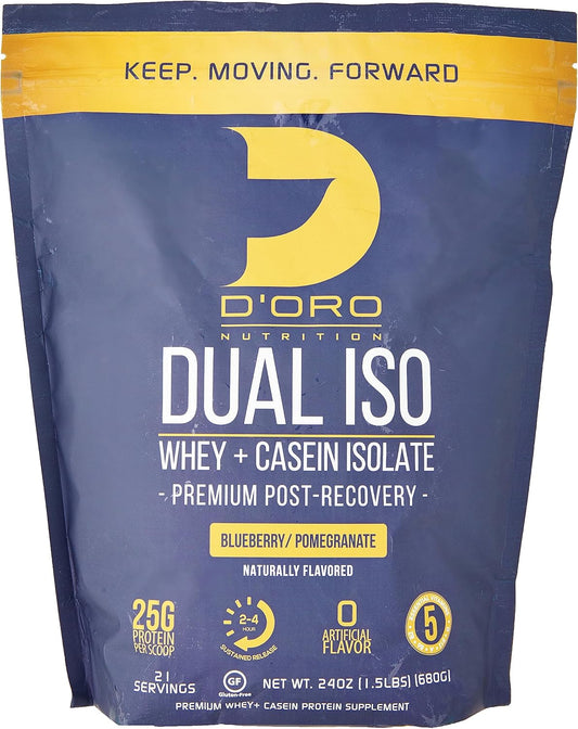 Premium D’Oro Nutrition Blueberry & Pomegranate Whey & Casein Isolate Protein Powder - 27G Protein Per Scoop - Post Recovery