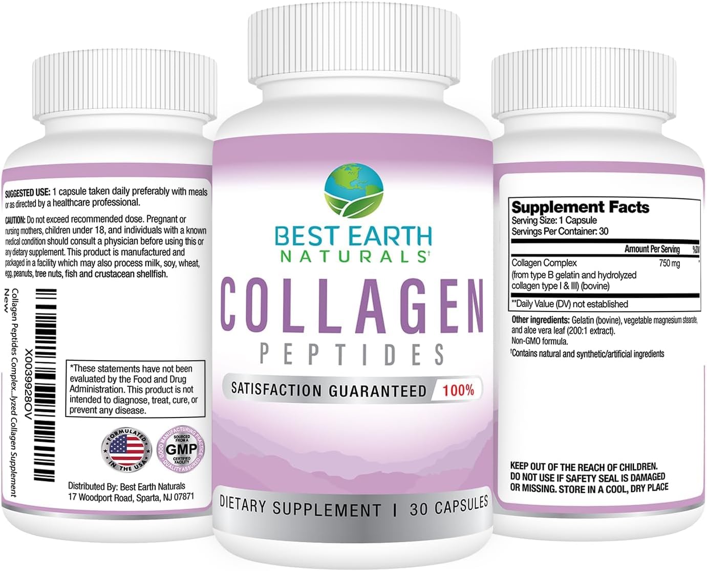 Premium Earth Naturals Hydrolyzed Collagen Peptides Supplement for Hair, Skin, Nails, & Joints - Type I & III Collagen, 30 Day Supply (30 Capsules) for Women and Men