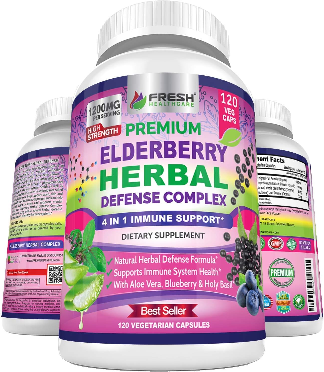 Premium Elderberry Capsules 1200mg Complex - Immune Support Supplement with Aloe Vera, Blueberry & Holy Basil - Non GMO, Gluten Free - 120 Vegan Capsules