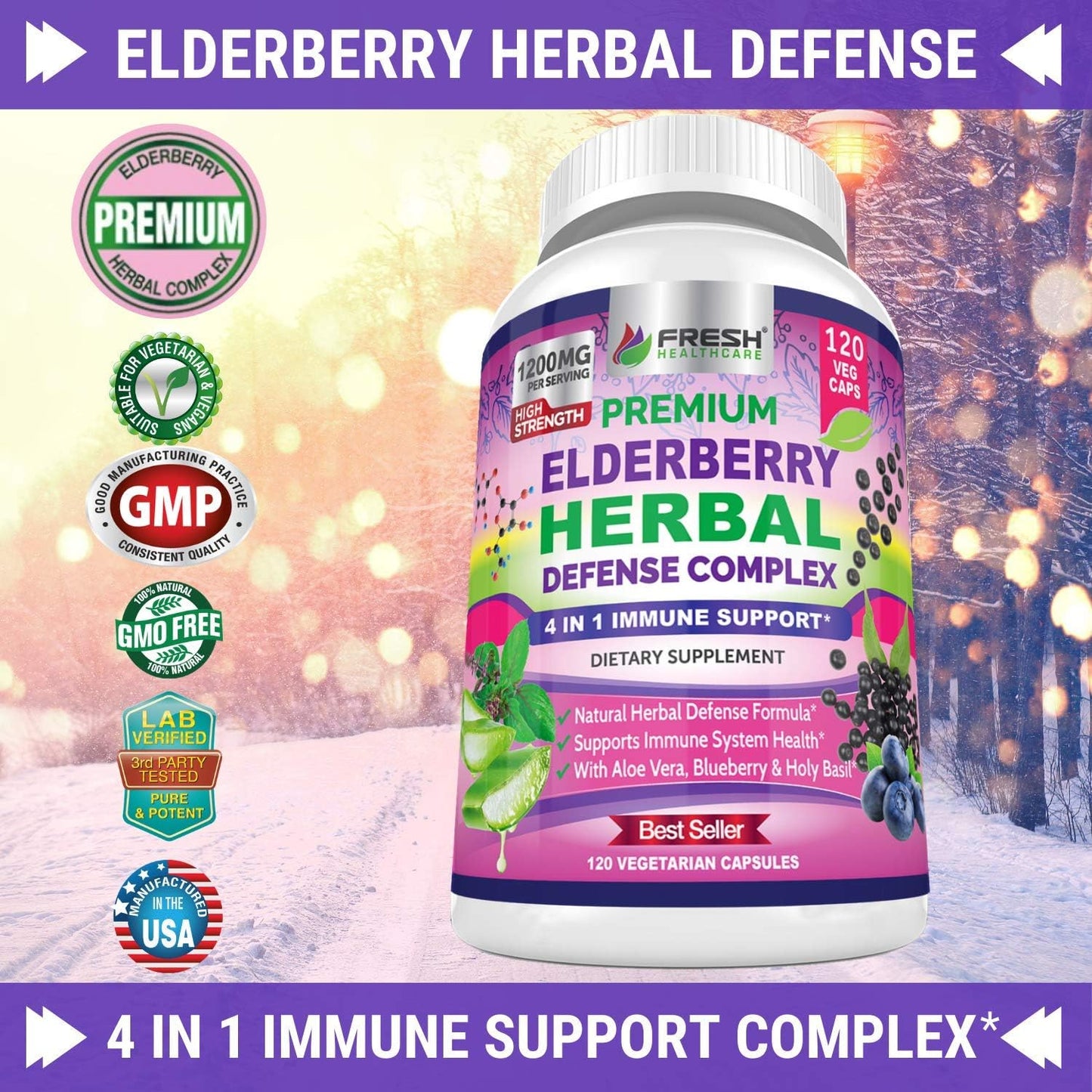 Premium Elderberry Capsules 1200mg Complex - Immune Support Supplement with Aloe Vera, Blueberry & Holy Basil - Non GMO, Gluten Free - 120 Vegan Capsules
