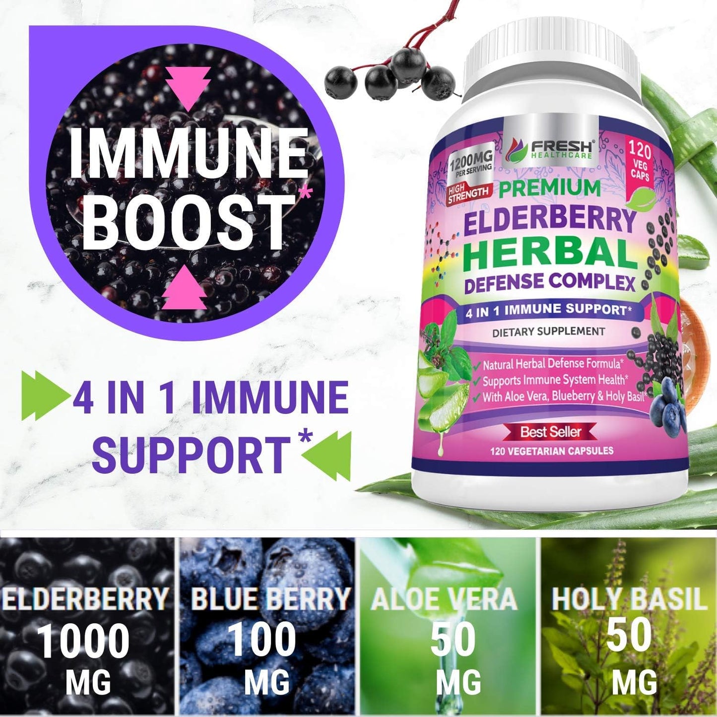 Premium Elderberry Capsules 1200mg Complex - Immune Support Supplement with Aloe Vera, Blueberry & Holy Basil - Non GMO, Gluten Free - 120 Vegan Capsules