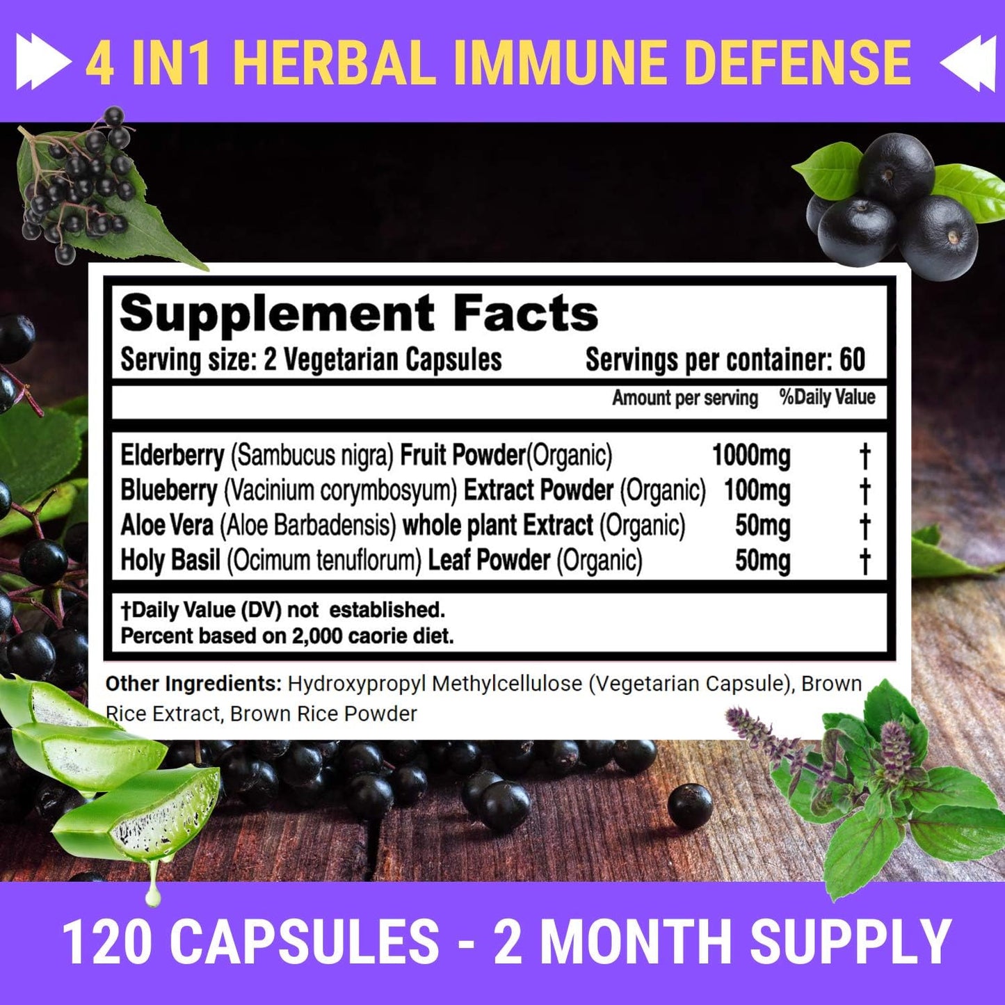 Premium Elderberry Capsules 1200mg Complex - Immune Support Supplement with Aloe Vera, Blueberry & Holy Basil - Non GMO, Gluten Free - 120 Vegan Capsules