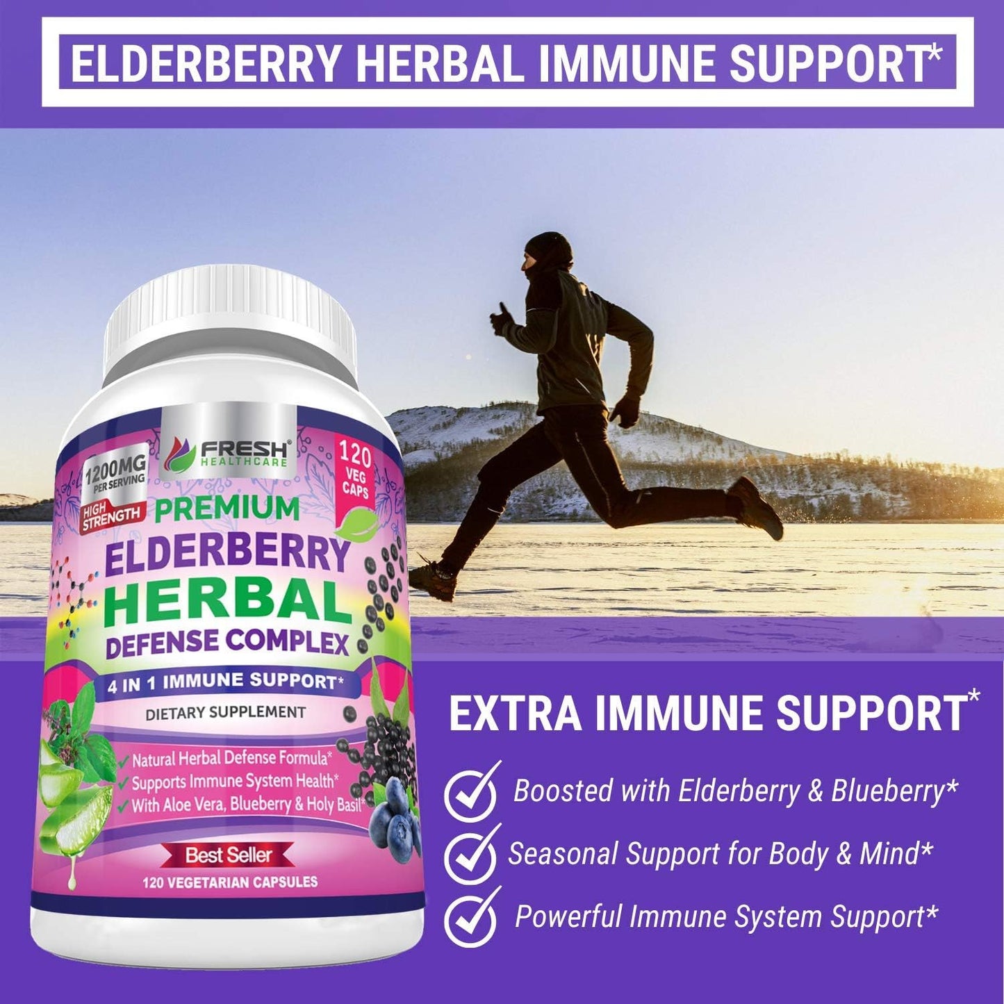 Premium Elderberry Capsules 1200mg Complex - Immune Support Supplement with Aloe Vera, Blueberry & Holy Basil - Non GMO, Gluten Free - 120 Vegan Capsules