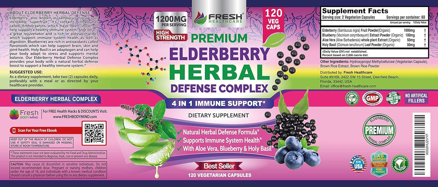 Premium Elderberry Capsules 1200mg Complex - Immune Support Supplement with Aloe Vera, Blueberry & Holy Basil - Non GMO, Gluten Free - 120 Vegan Capsules