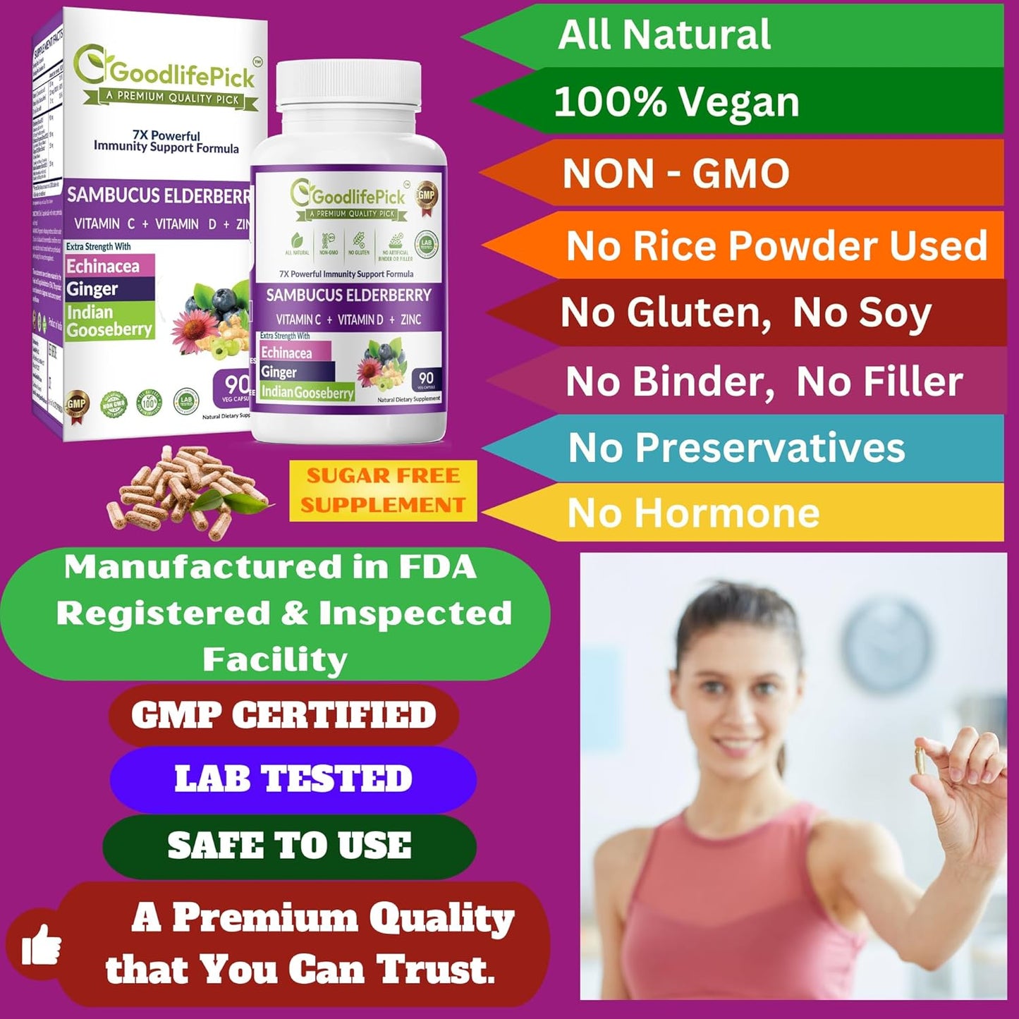 Premium Elderberry Capsules with Zinc, Vitamin C, D, Echinacea & Amla - 90 ct Vegan Non-GMO Supplement