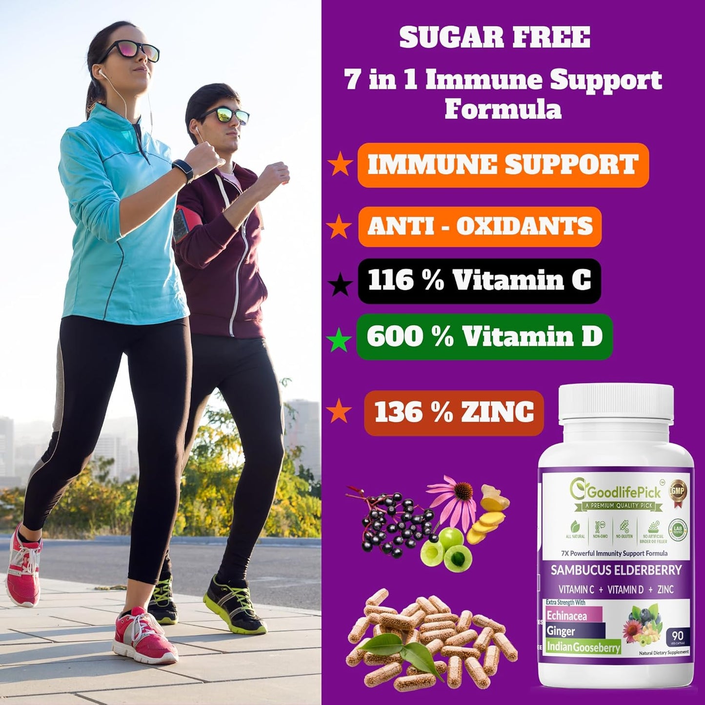 Premium Elderberry Capsules with Zinc, Vitamin C, D, Echinacea & Amla - 90 ct Vegan Non-GMO Supplement