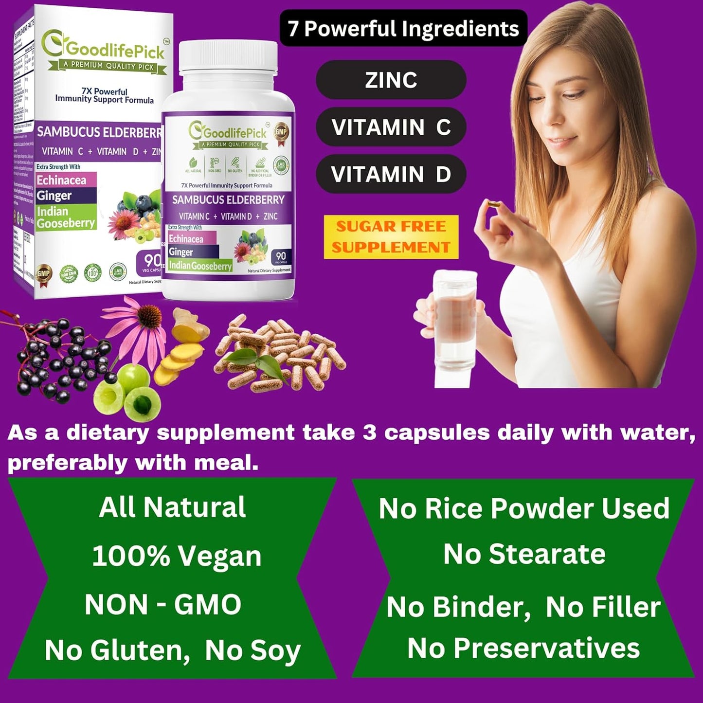 Premium Elderberry Capsules with Zinc, Vitamin C, D, Echinacea & Amla - 90 ct Vegan Non-GMO Supplement