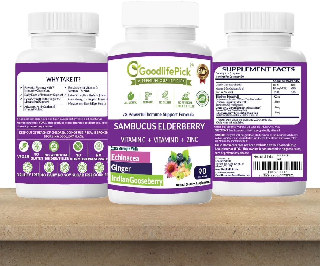 Premium Elderberry Capsules with Zinc, Vitamin C, D, Echinacea & Amla - 90 ct Vegan Non-GMO Supplement