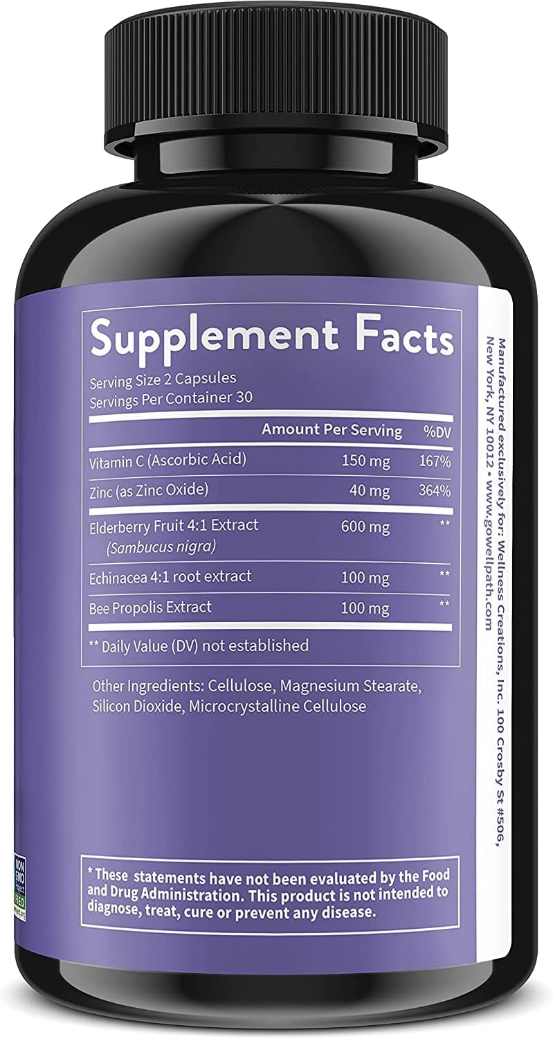 Premium Elderberry Capsules with Zinc, Vitamin C, Echinacea, and Bee Propolis - Immune Support Booster - 600 mg Black Elderberry Pills - 60 Count