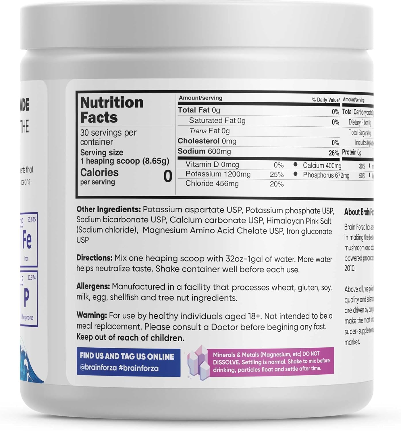 Premium Electrolytes for Fasting - Brain Forza Super Fast Keto Formula with Potassium, Sodium, Magnesium, Calcium, Iron, Pink Himalayan Salt - 30 Servings, Unflavored