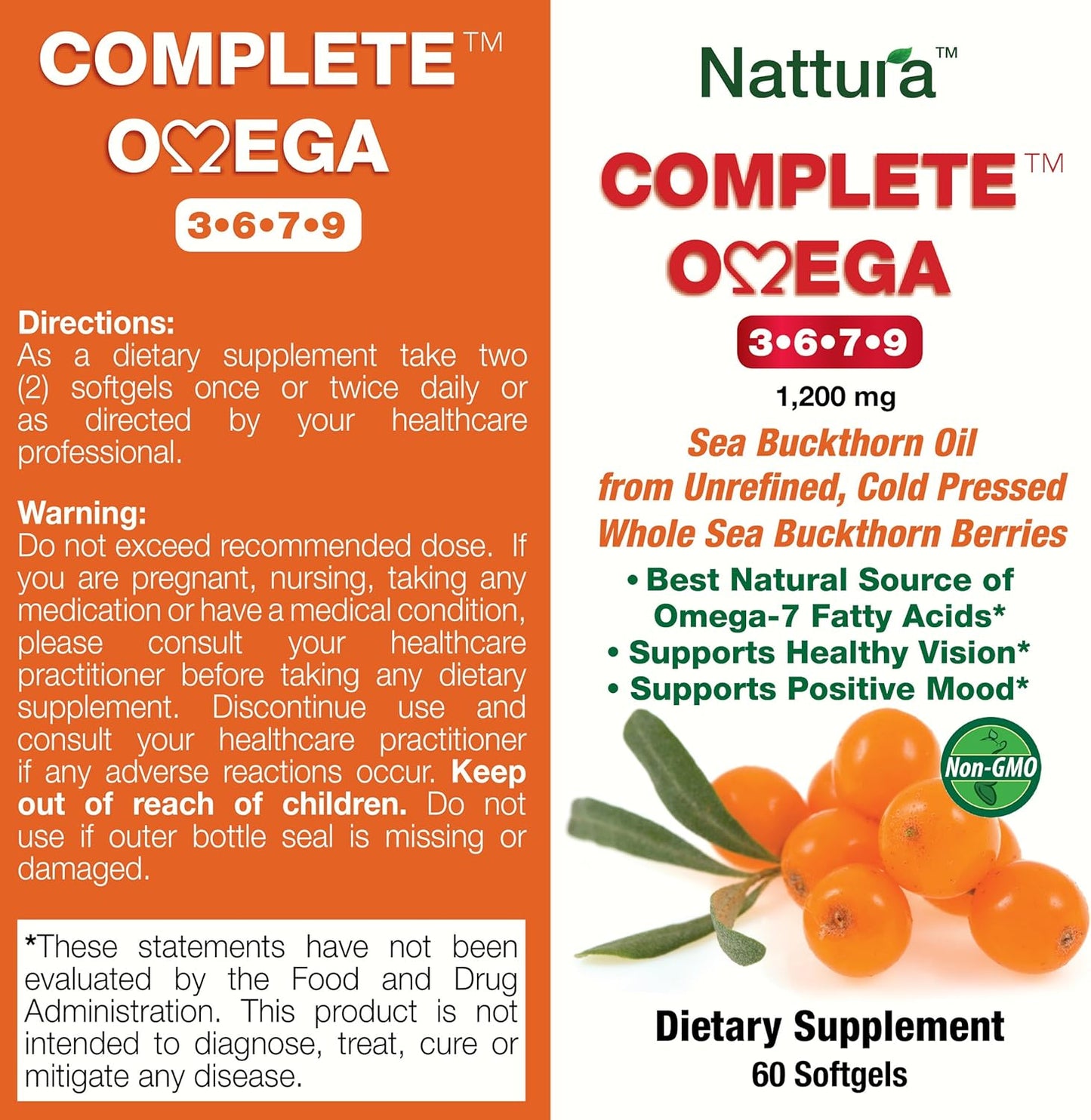 Premium European Quality Nattura Complete Omega 3-6-7-9 Sea Buckthorn Oil, Cold Pressed 1,200mg - 2 Bottles - BoostGo Australia