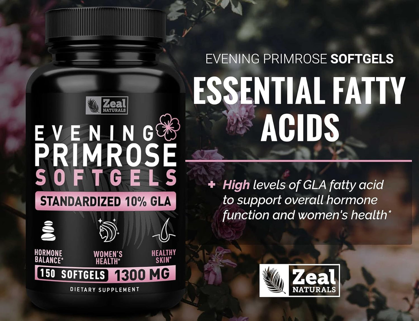 Premium Evening Primrose Oil Capsules (150 Liquid Softgels | 1300mg) - Natural Hormone Support for Women - Cold Pressed with 10% GLA - by Zeal Naturals