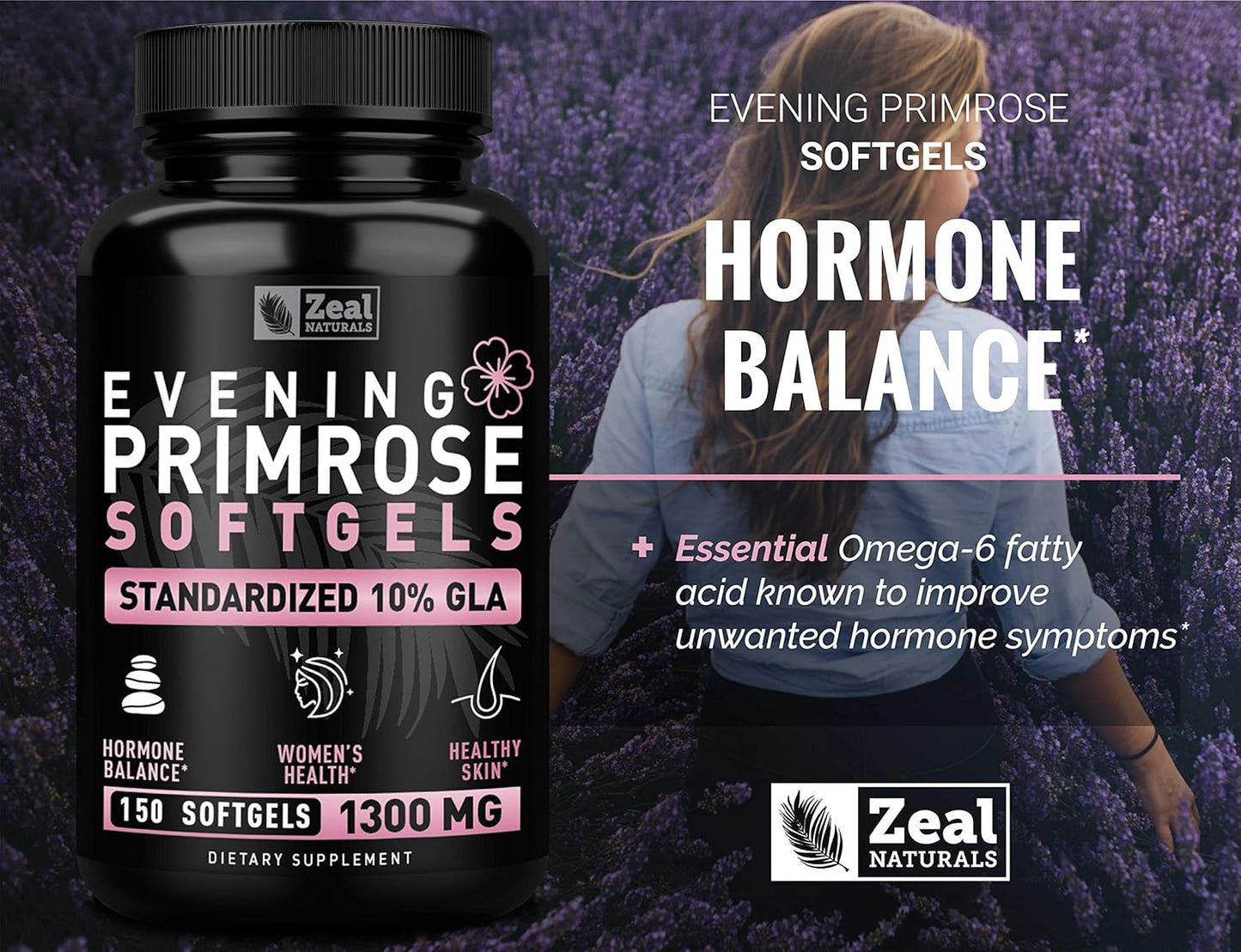 Premium Evening Primrose Oil Capsules (150 Liquid Softgels | 1300mg) - Natural Hormone Support for Women - Cold Pressed with 10% GLA - by Zeal Naturals