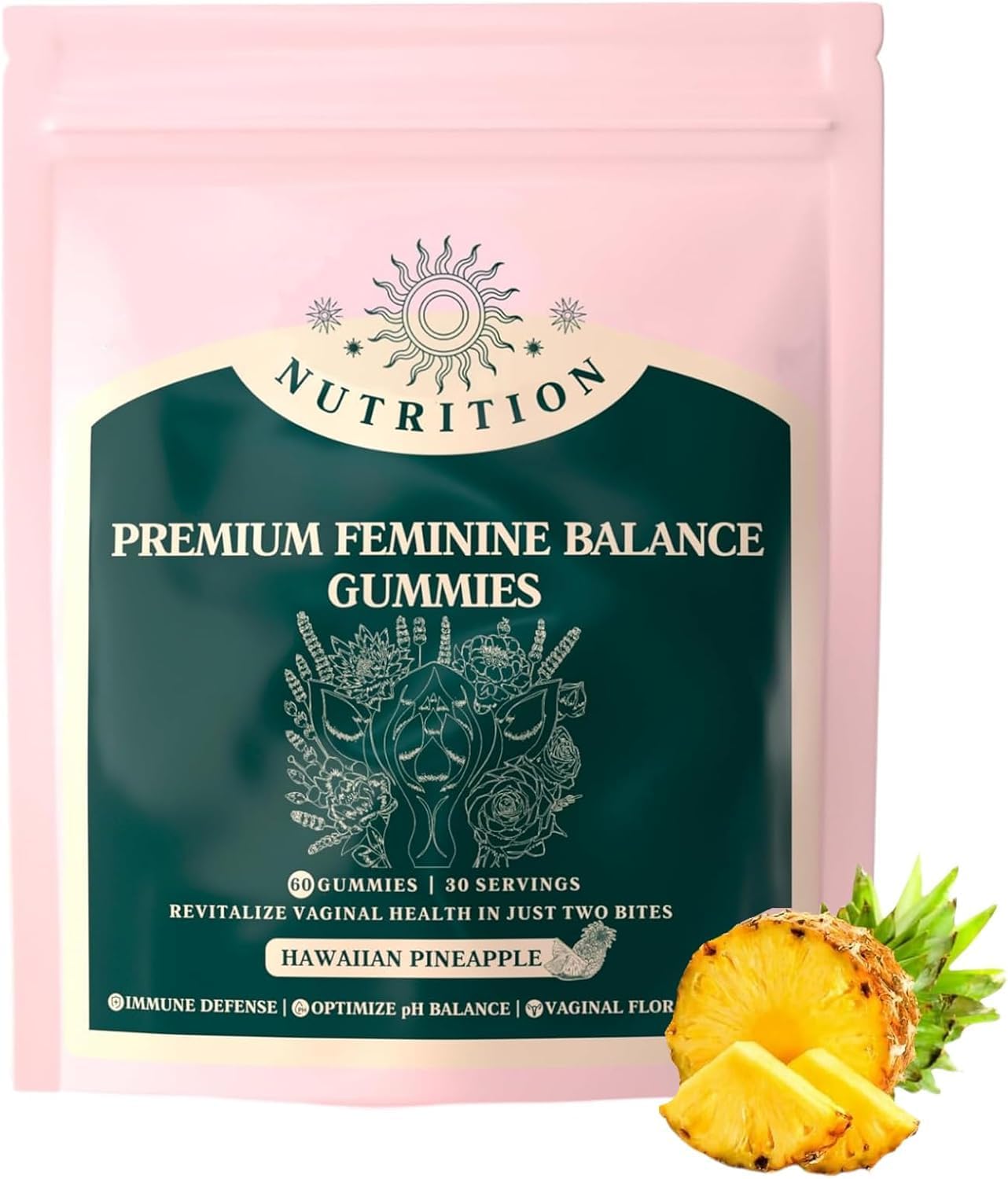 Premium Feminine Balance Gummies for Women's Health & Immune Support - Vegan, Gluten-Free Halal - Hawaiian Pineapple - 60 Gummies