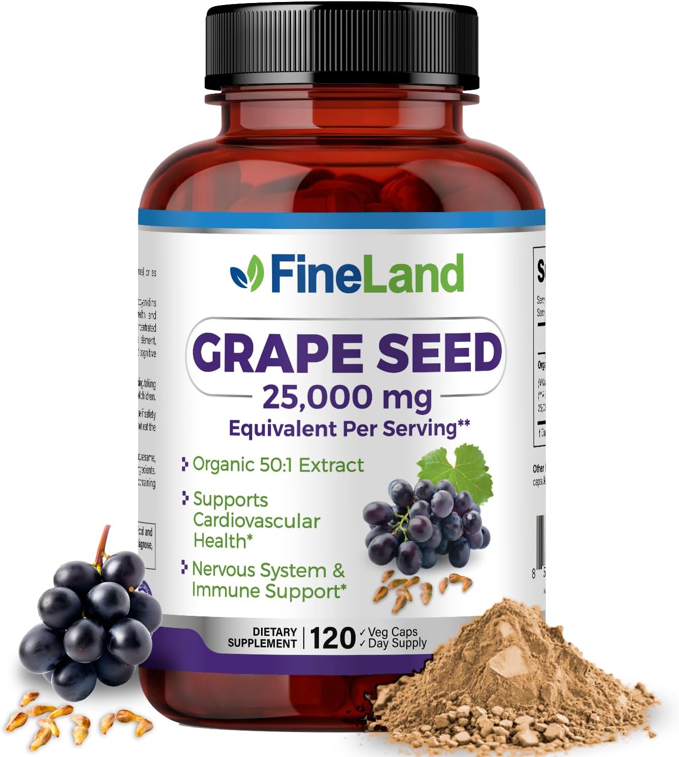 Premium FineLand Grape Seed Extract Capsules - High Strength Antioxidant & Immune Support - 25,000mg Eq. - Heart Health - 120 Capsules, 4 Month Supply - 100% Vegan & Natural