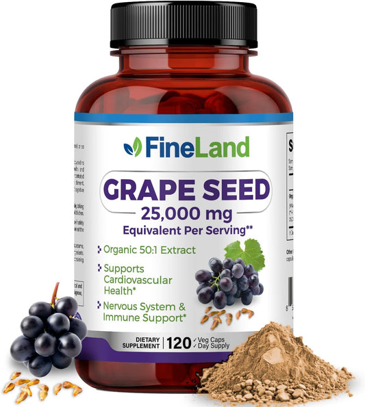 Premium FineLand Grape Seed Extract Capsules - High Strength Antioxidant & Immune Support - 25,000mg Eq. - Heart Health - 120 Capsules, 4 Month Supply - 100% Vegan & Natural