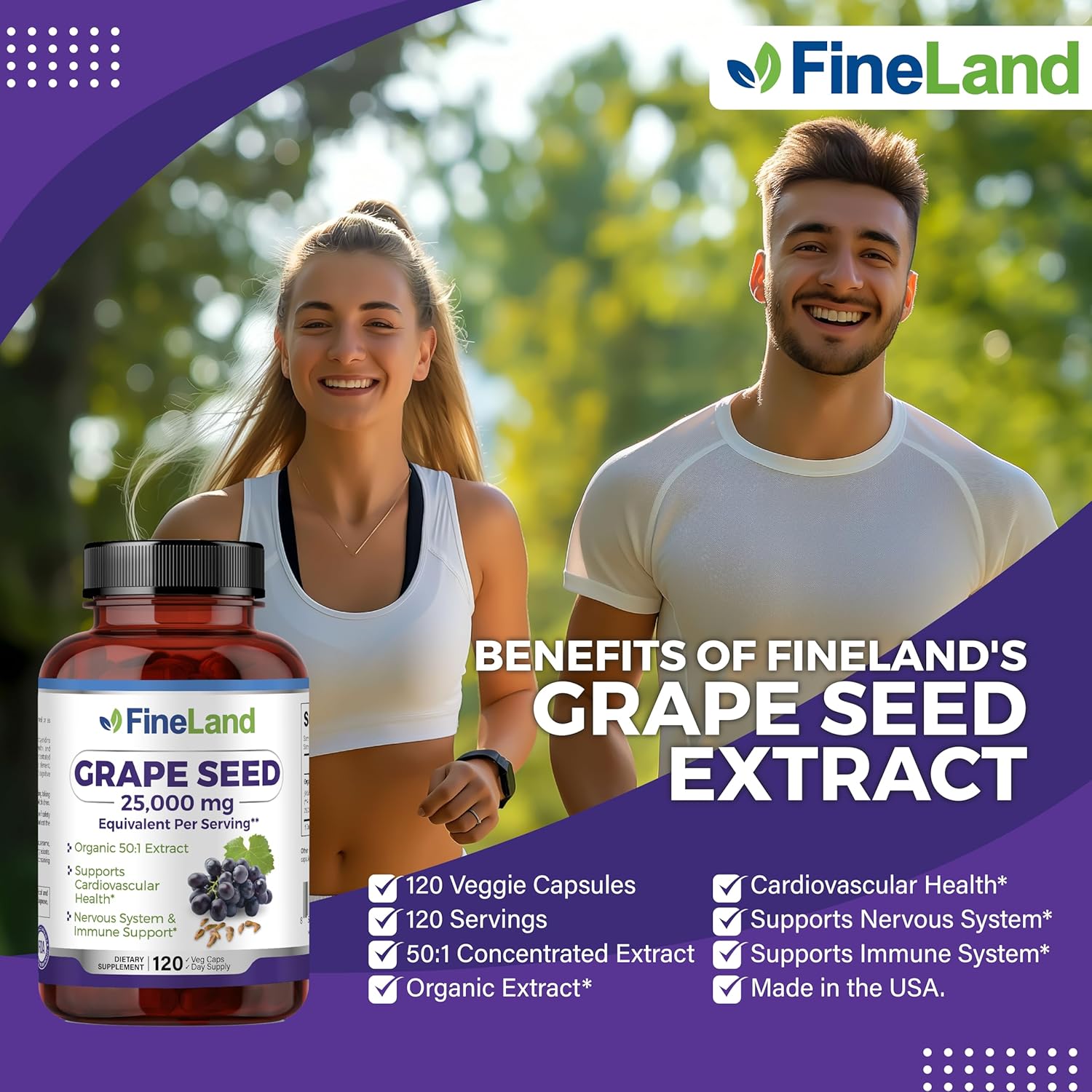 Premium FineLand Grape Seed Extract Capsules - High Strength Antioxidant & Immune Support - 25,000mg Eq. - Heart Health - 120 Capsules, 4 Month Supply - 100% Vegan & Natural