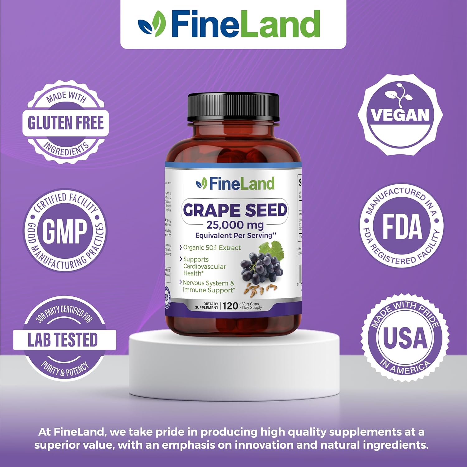 Premium FineLand Grape Seed Extract Capsules - High Strength Antioxidant & Immune Support - 25,000mg Eq. - Heart Health - 120 Capsules, 4 Month Supply - 100% Vegan & Natural