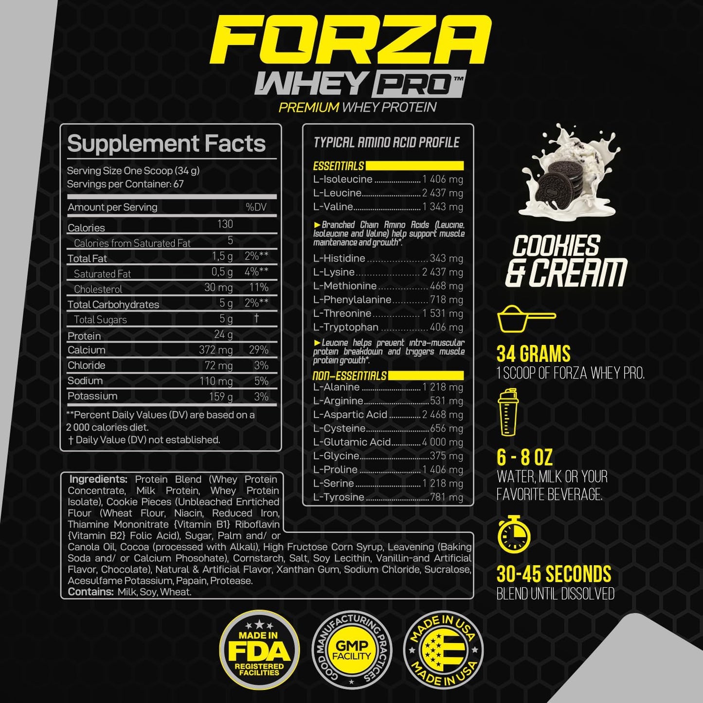 Premium Forzagen Whey PRO Low Carb Protein Powder - Cookies & Cream Flavor | 24g Protein per Serving, Ideal for Men & Women, BCAA Enriched, 5 lbs (67 Servings)