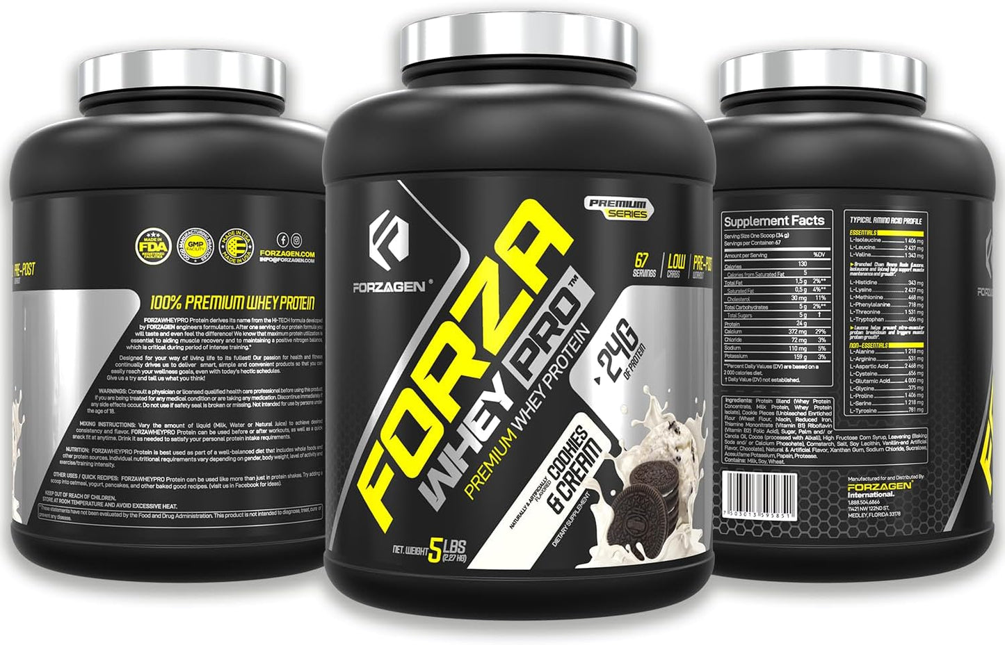 Premium Forzagen Whey PRO Low Carb Protein Powder - Cookies & Cream Flavor | 24g Protein per Serving, Ideal for Men & Women, BCAA Enriched, 5 lbs (67 Servings)