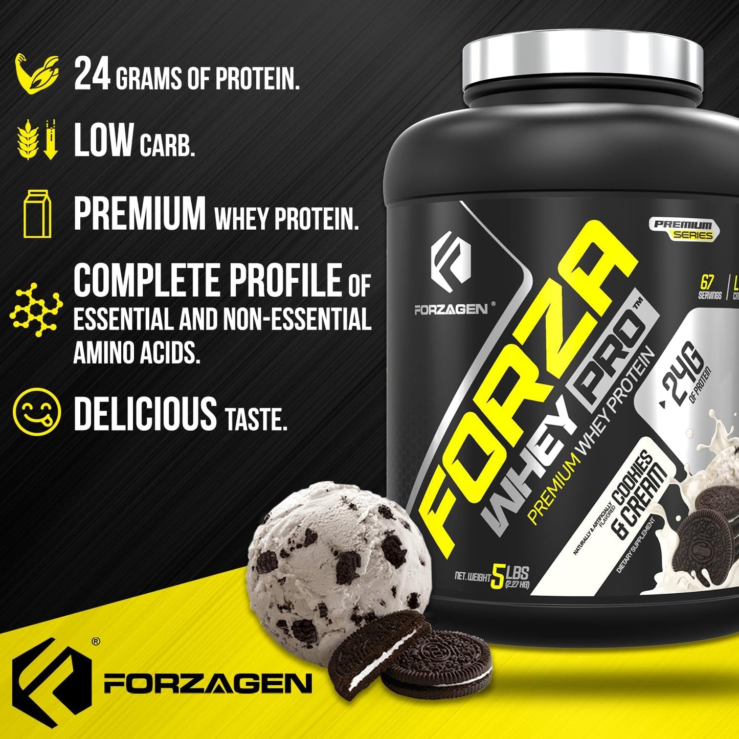 Premium Forzagen Whey PRO Low Carb Protein Powder - Cookies & Cream Flavor | 24g Protein per Serving, Ideal for Men & Women, BCAA Enriched, 5 lbs (67 Servings)