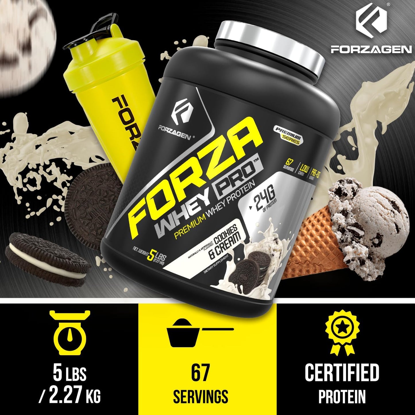 Premium Forzagen Whey PRO Low Carb Protein Powder - Cookies & Cream Flavor | 24g Protein per Serving, Ideal for Men & Women, BCAA Enriched, 5 lbs (67 Servings)