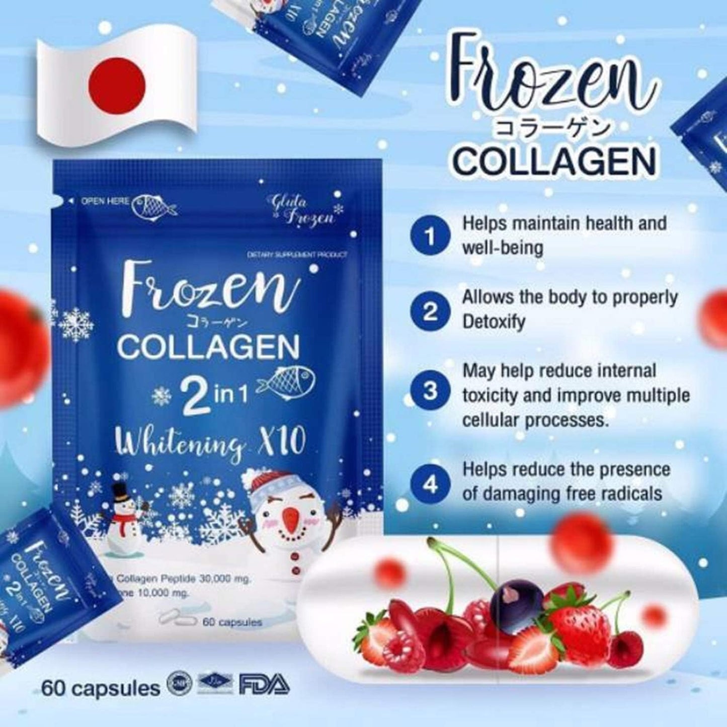 Premium Frozen Collagen 2 in 1 with Peptide & Glutathione, 60 Capsules - Boost Collagen Production & Skin Health
