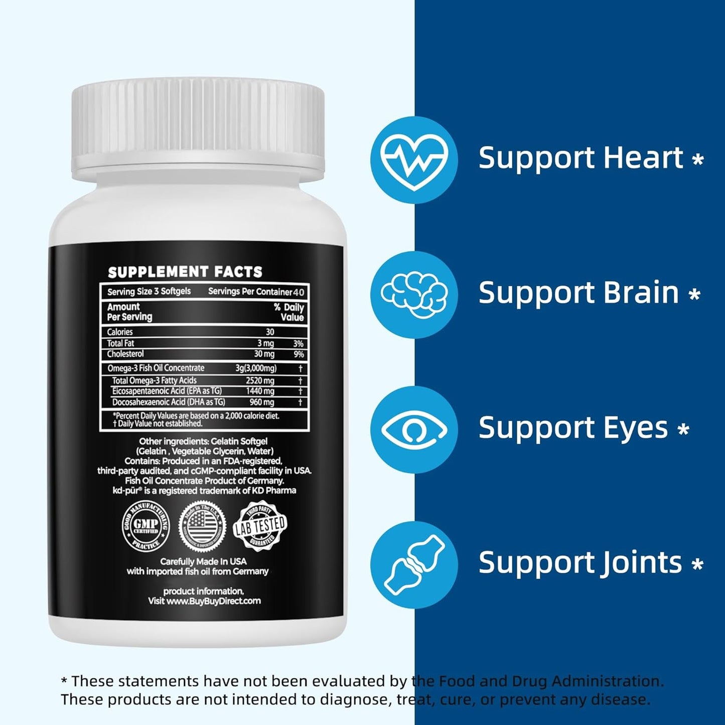 Premium Germany Fish Oil Supplements with 2520mg of EPA & DHA for Brain, Heart, and Immunity Support - Pharmaceutical Grade Omega 3 (120 Softgels)