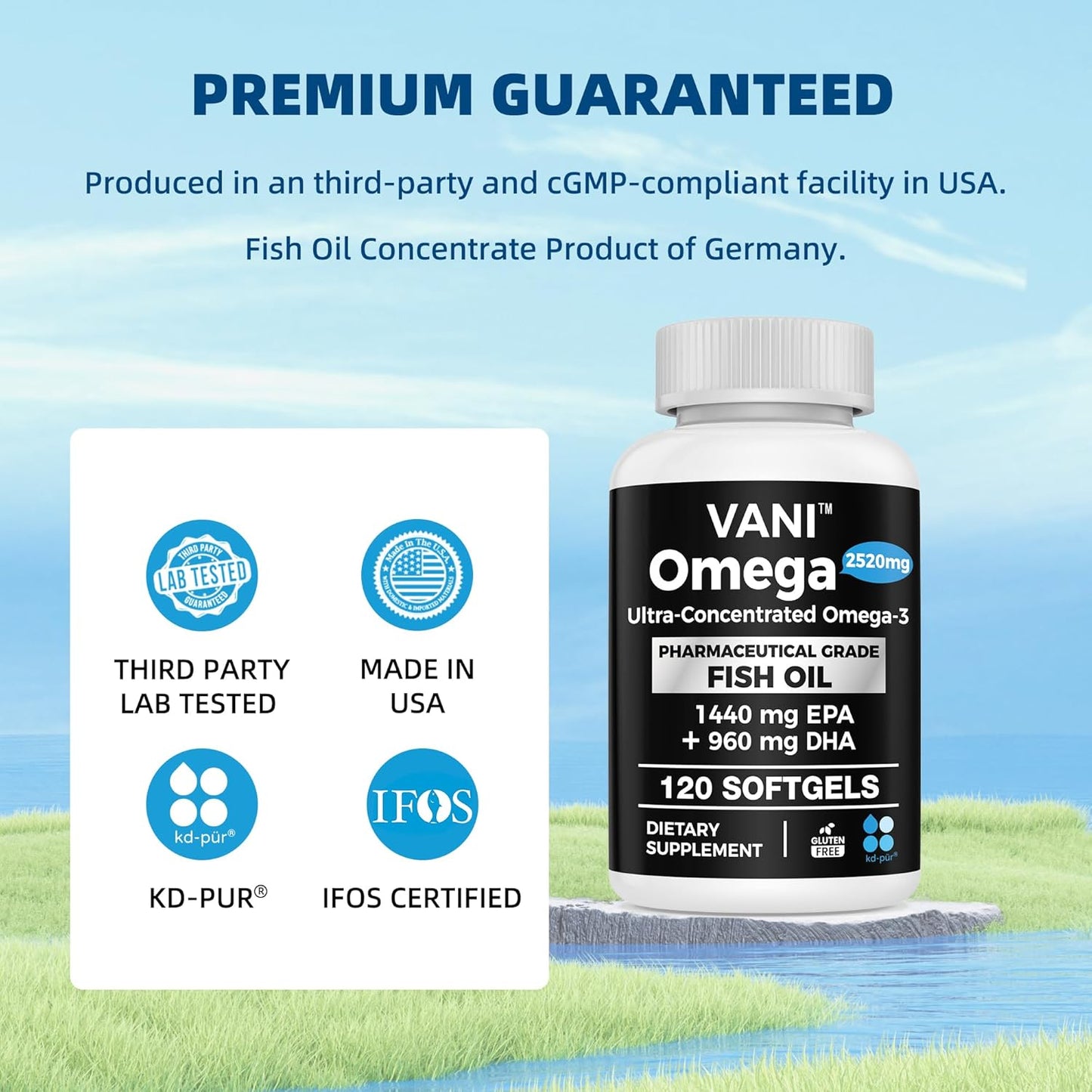 Premium Germany Fish Oil Supplements with 2520mg of EPA & DHA for Brain, Heart, and Immunity Support - Pharmaceutical Grade Omega 3 (120 Softgels)