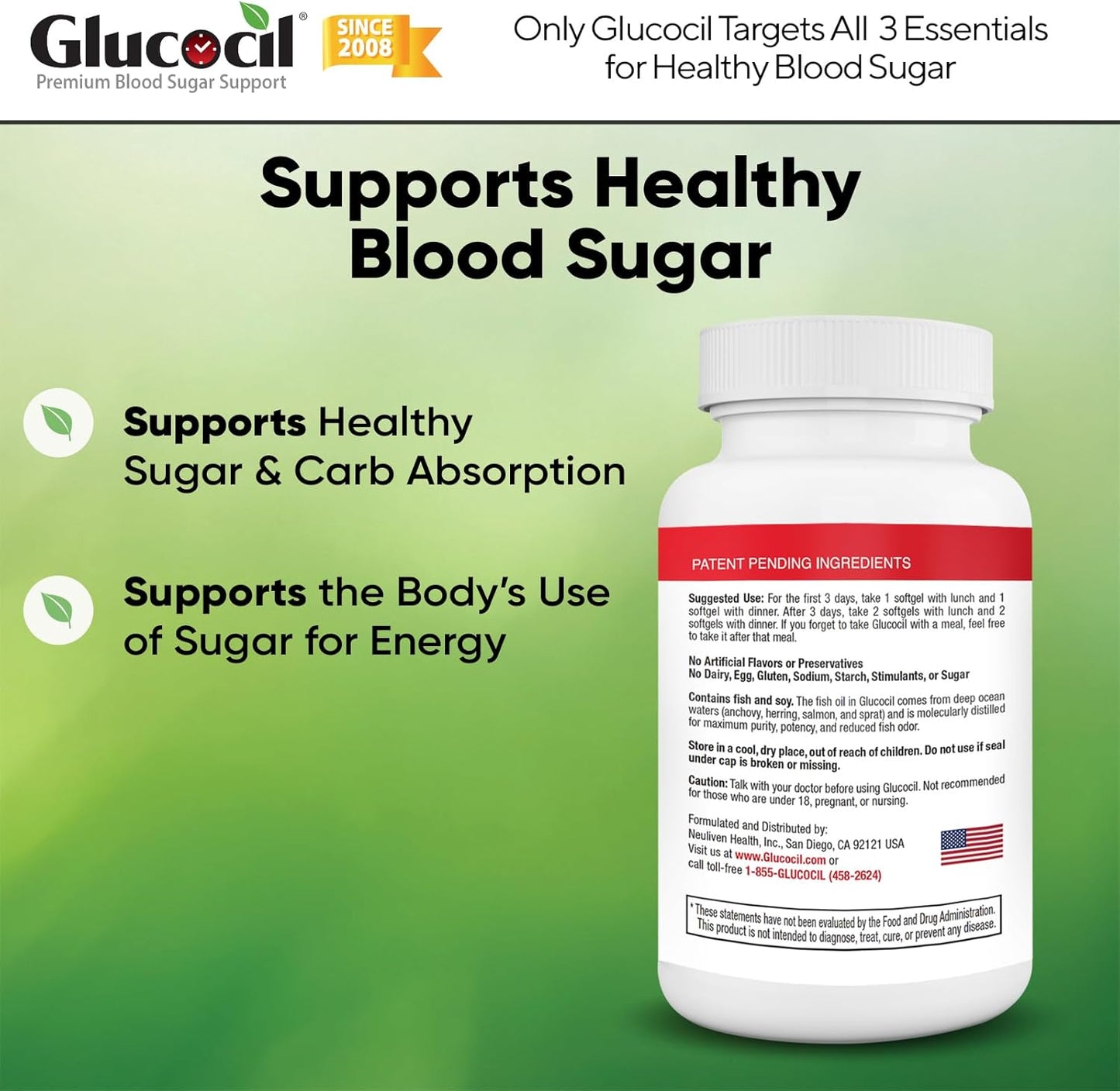 Premium Glucocil Softgels for Blood Sugar Support - 3-Pack with Berberine and Mulberry Leaf - Over 2 Million Bottles Sold