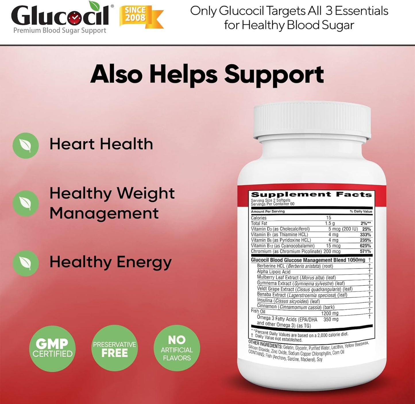 Premium Glucocil Softgels for Blood Sugar Support - 3-Pack with Berberine and Mulberry Leaf - Over 2 Million Bottles Sold