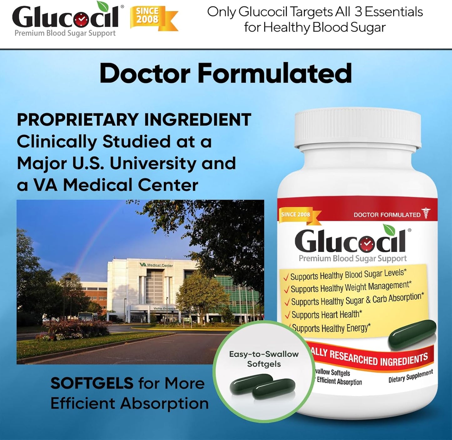 Premium Glucocil Softgels for Blood Sugar Support - 3-Pack with Berberine and Mulberry Leaf - Over 2 Million Bottles Sold