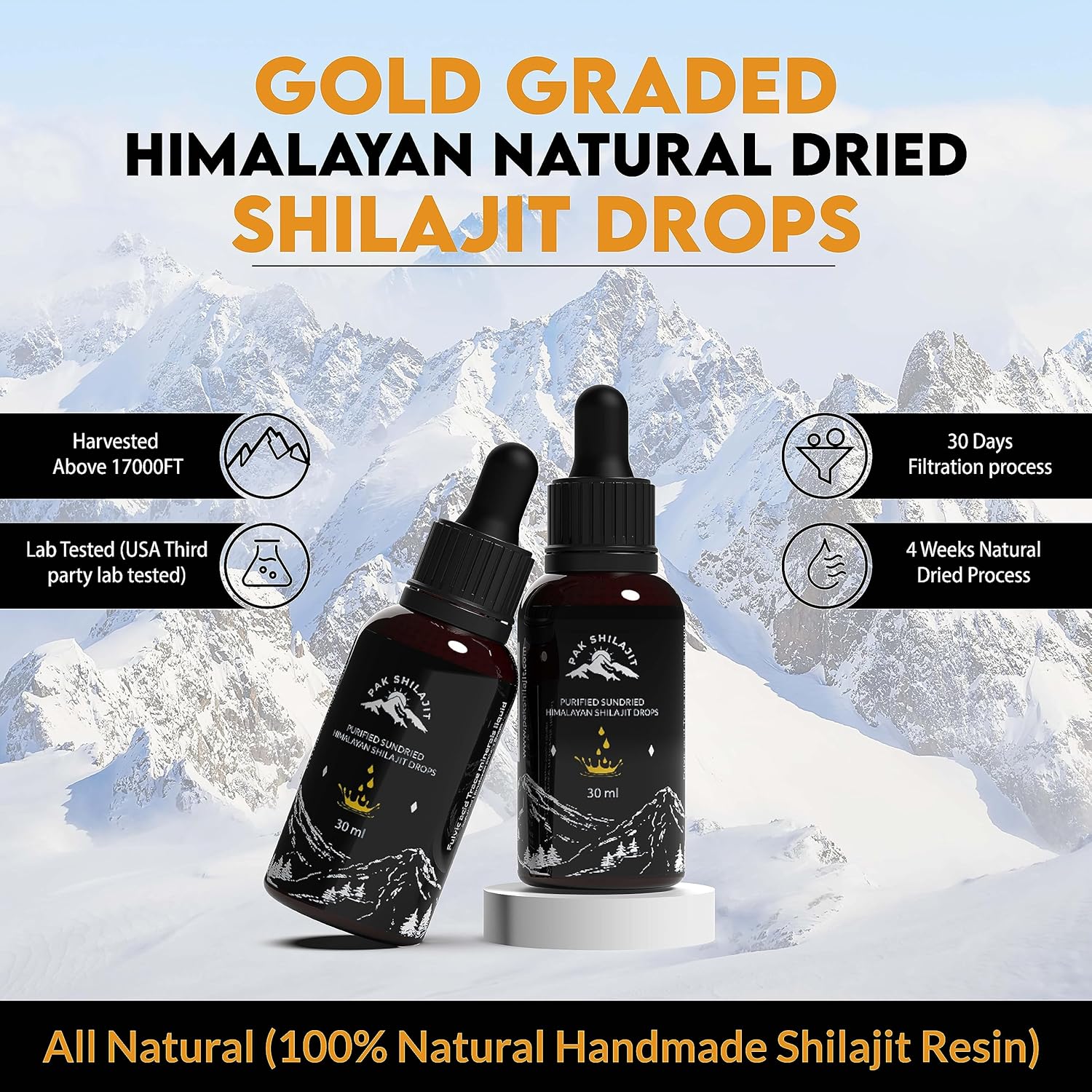 Premium Gold Graded Himalayan Shilajit Liquid Drops - 30ML Pack, Rich in Fulvic & Humic Acid, Directly Sourced Above 17000FT