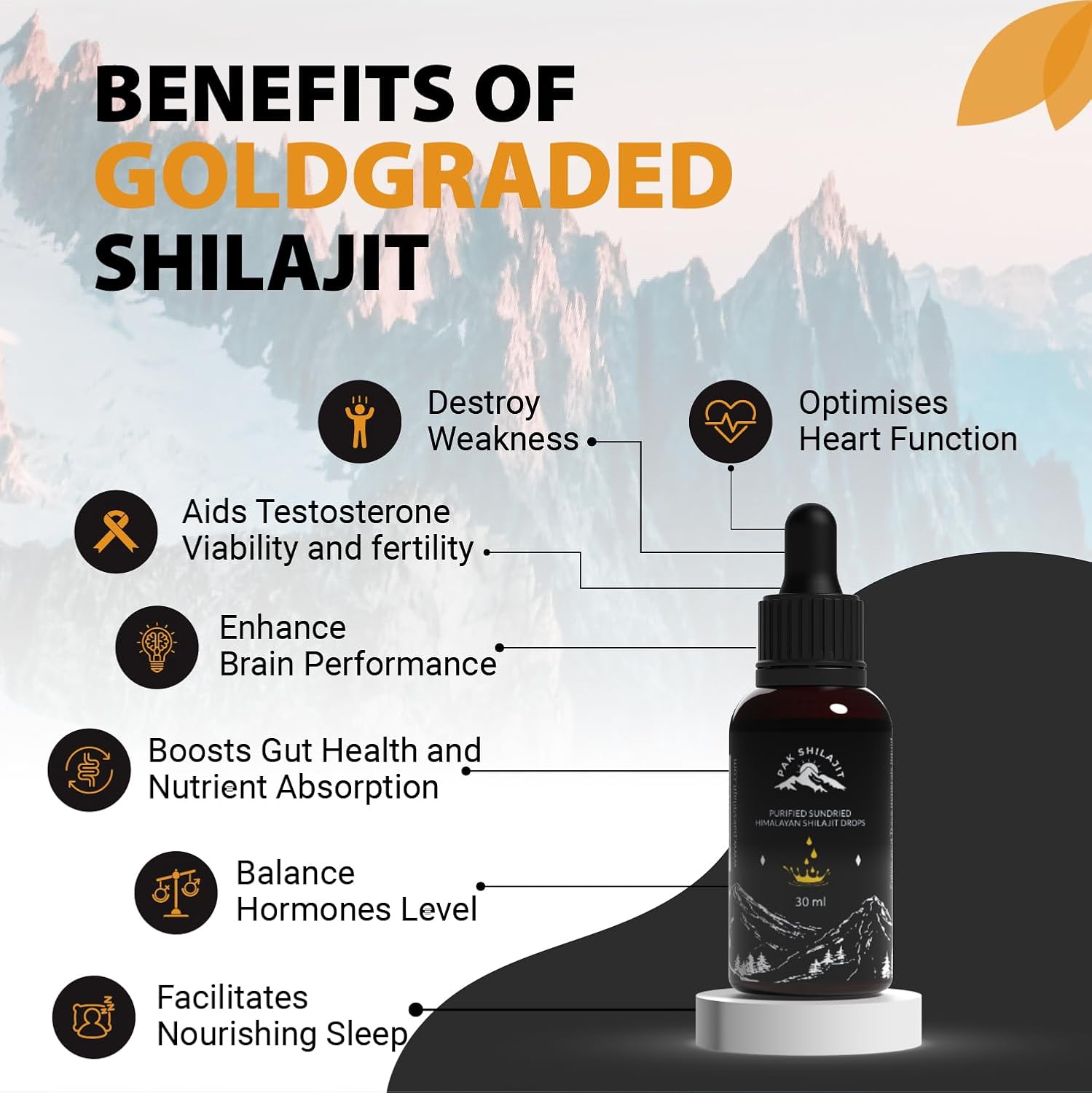 Premium Gold Graded Himalayan Shilajit Liquid Drops - 30ML Pack, Rich in Fulvic & Humic Acid, Directly Sourced Above 17000FT
