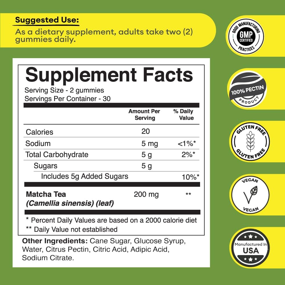 Premium Grade Matcha Green Tea Extract Gummy Vitamins for Energy - Vegan & Gluten-Free Matcha Gummies for Detox & Debloat - 1 Month Supply