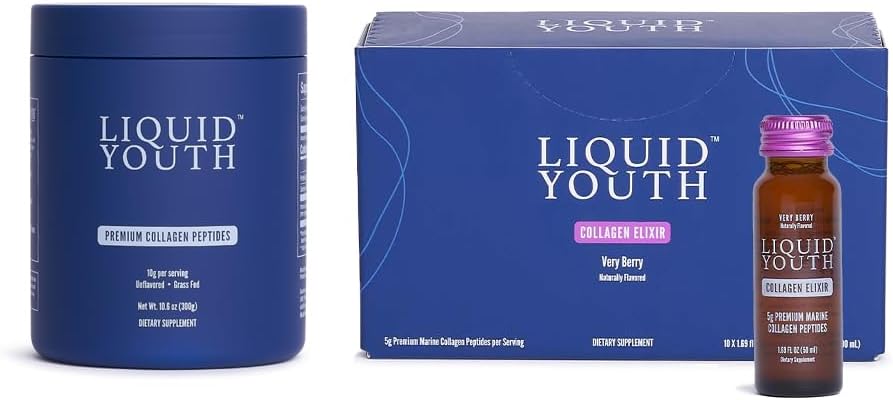 Premium Grass-Fed Collagen Peptides Powder & Berry Liquid Shots for Hair, Skin, Nails, Bone & Joint Health - Type I & III - 40 Servings for Men & Women